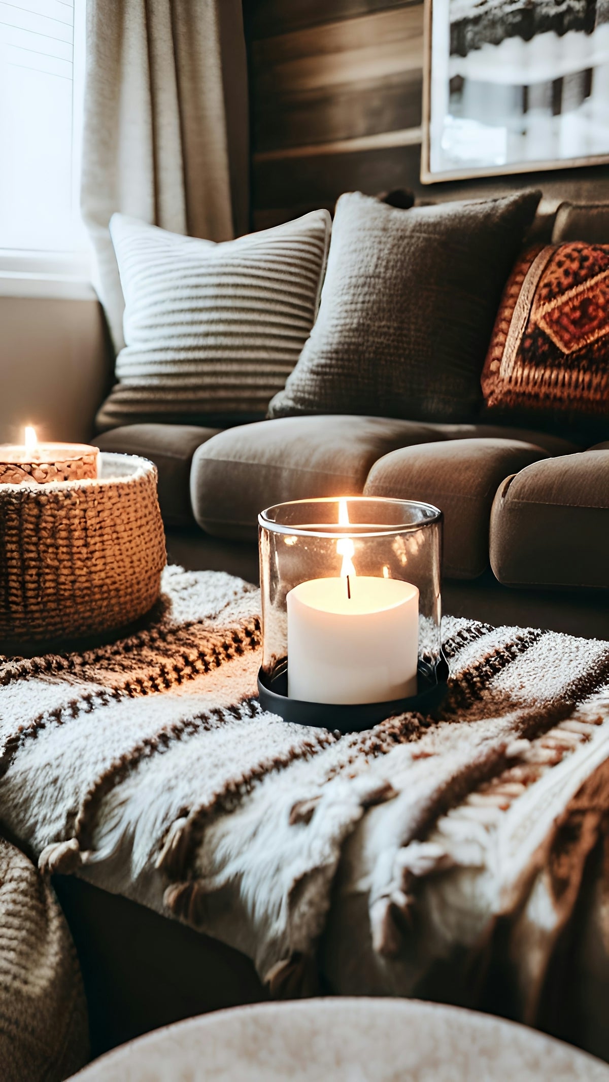A living room with a couch and a candle