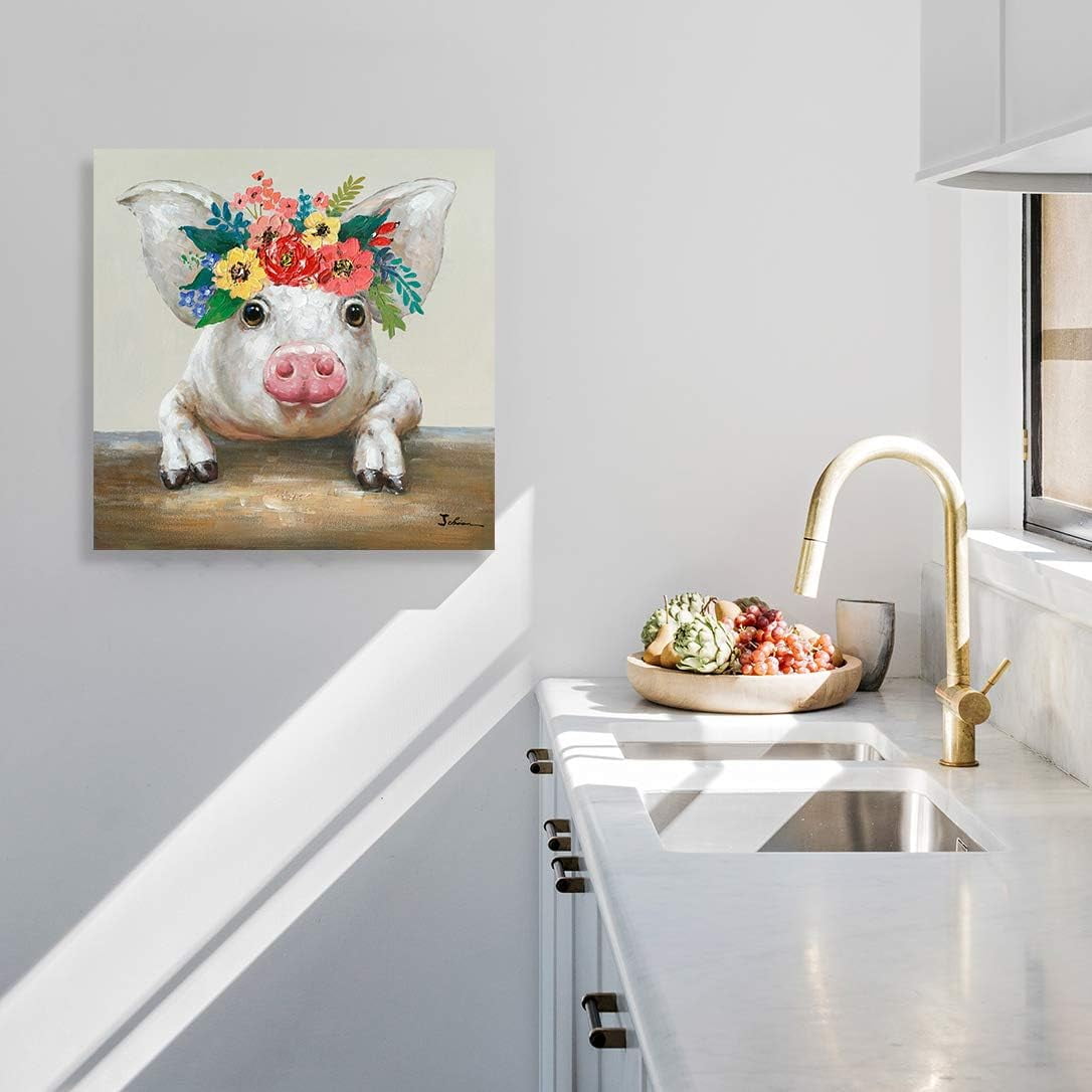 PioneerHome™ Pig Canvas Picture Wall Art: Rustic Pig Floral Crown Wall Decor Farm Animal Wall Art - PioneerHome™