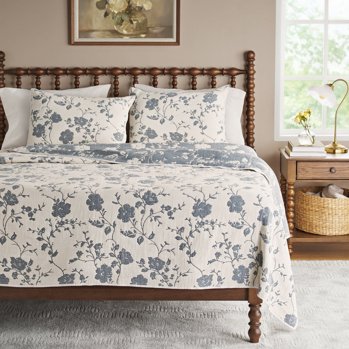 PioneerHome™ Agatha Floral Gauze Quilt, Full/Queen, Blue Dust, Reversible Bedding - PioneerHome™