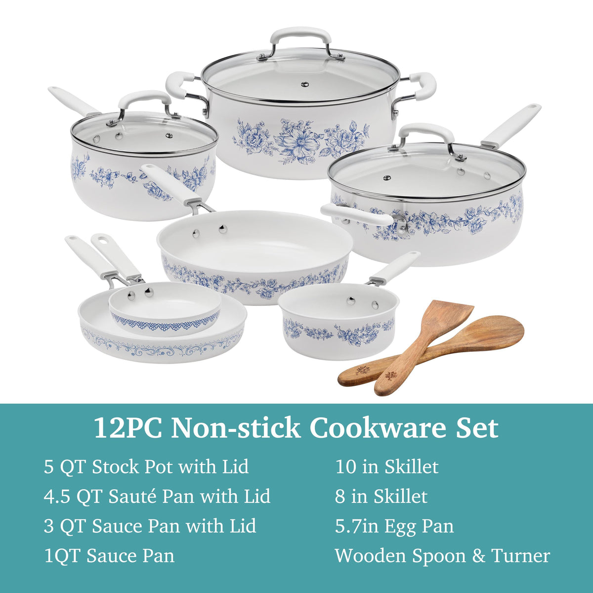 PioneerHome™ 12-Piece Classic Ceramic Cookware Set, Agatha Blue - PioneerHome™