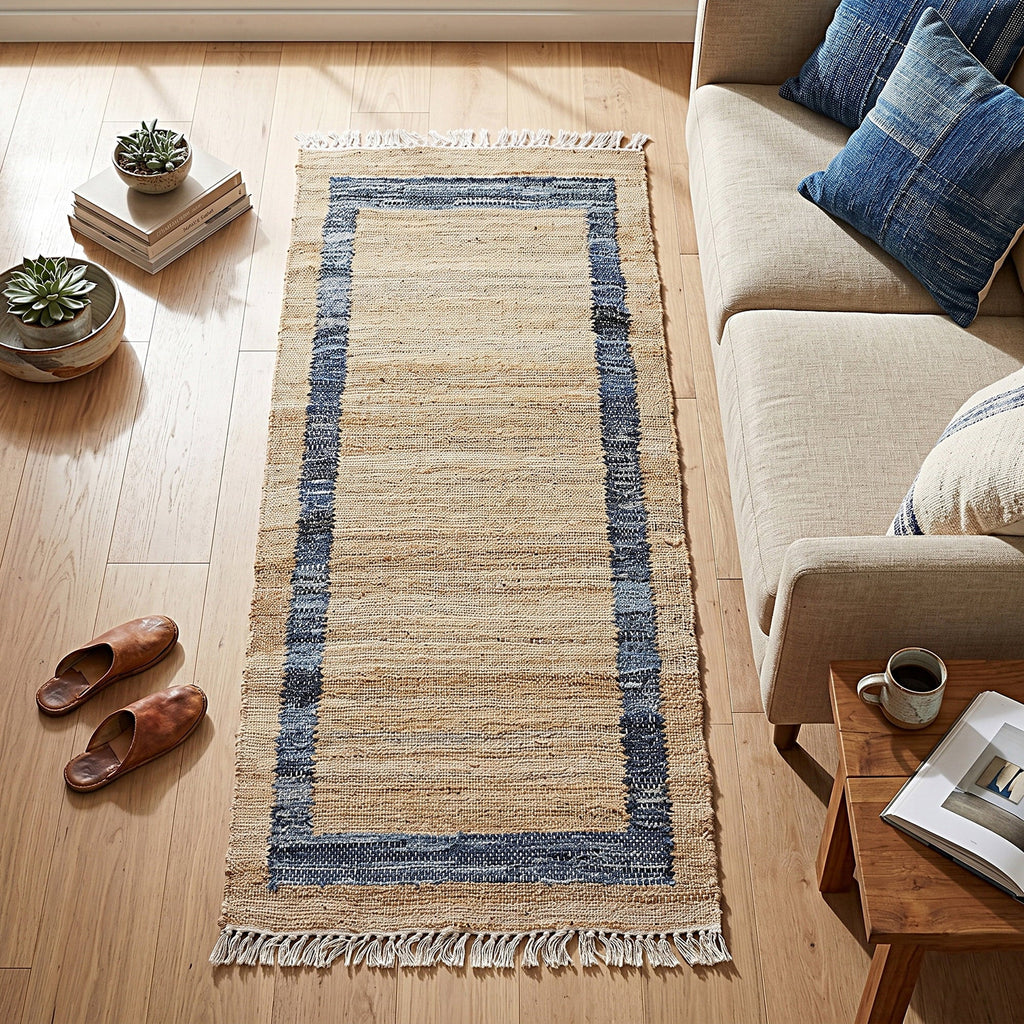 PioneerHome™ Denim Jute Runner Rug, Natural with Blue Border, 30 x 96 Inches - PioneerHome™