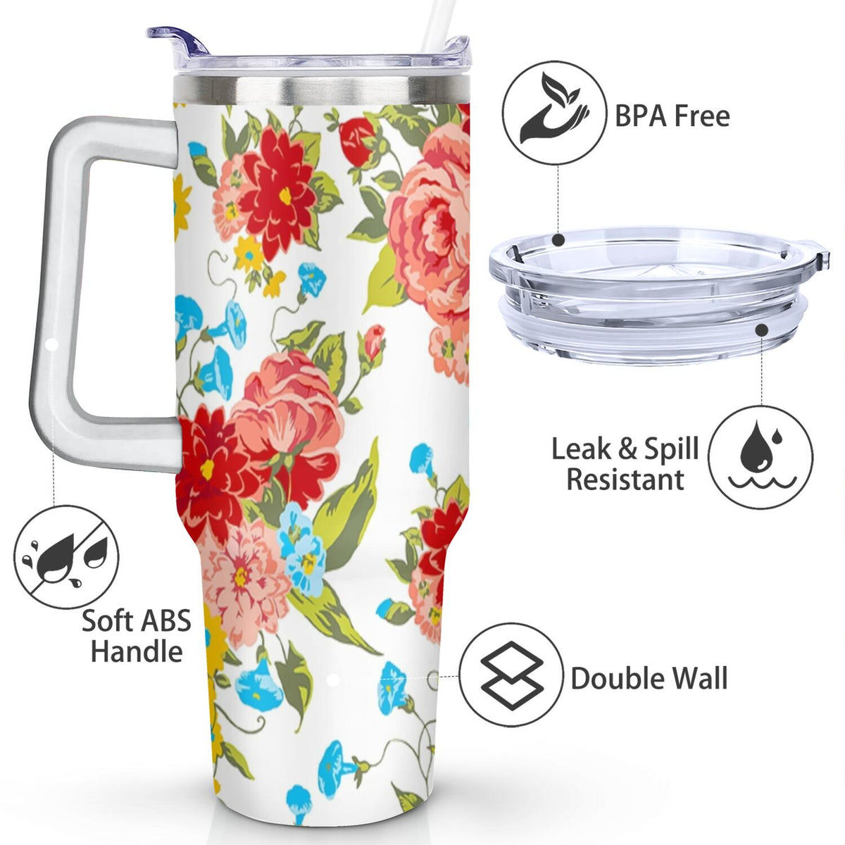 PioneerHome™ 40 Oz Tumbler with Handle Lid and Straw Pioneer Flower Women Stainless Steel Travel Mug Double - PioneerHome™