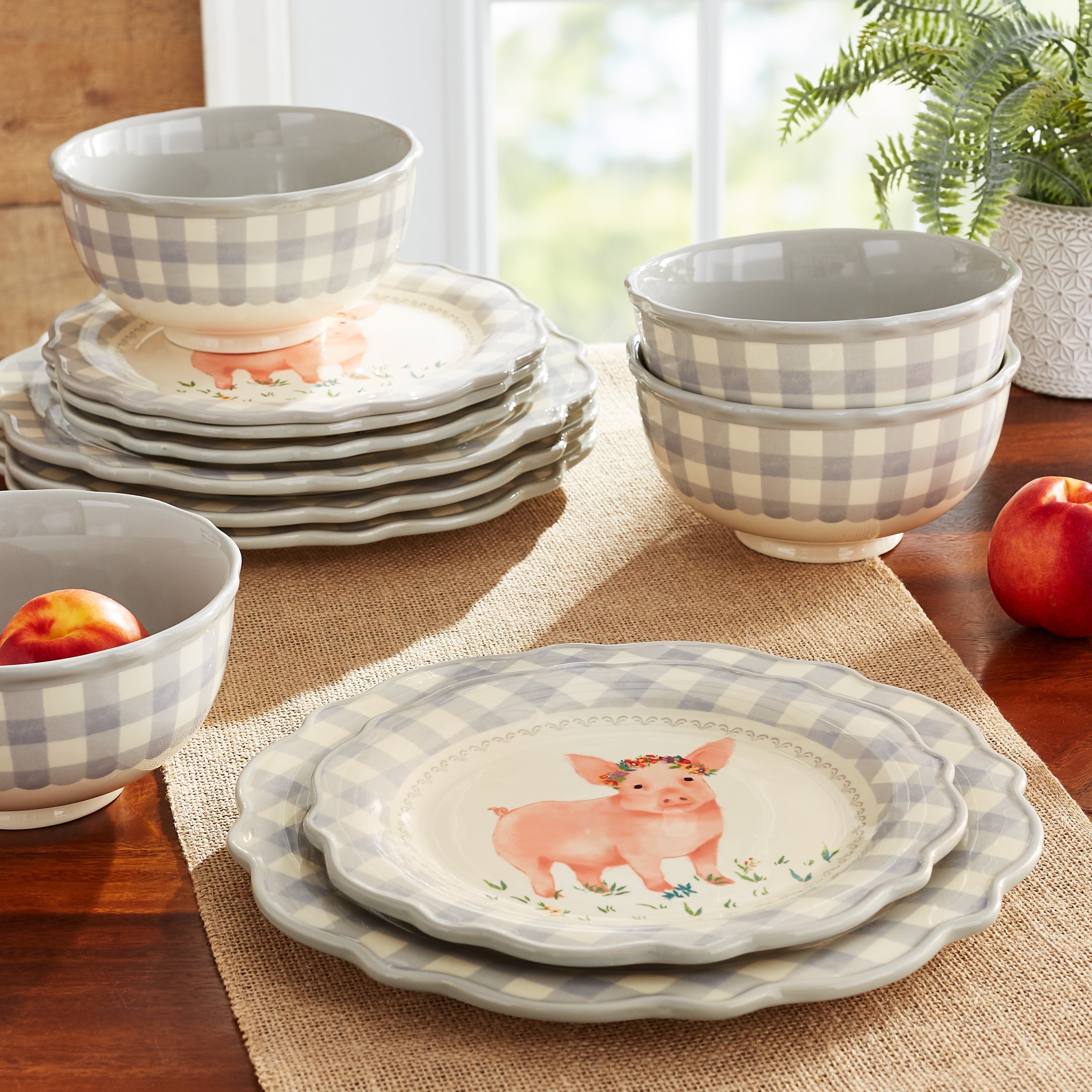 PioneerHome™ Gingham 12-Piece Ceramic Dinnerware Set, Gray - PioneerHome™
