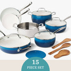 PioneerHome™ Harlow 15-Piece Cookware Set, Ceramic Non-Stick Pots and Pans Set, Denim Blue - PioneerHome™