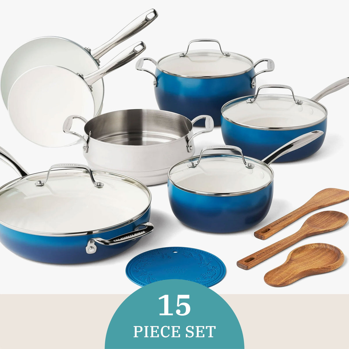 PioneerHome™ Harlow 15-Piece Cookware Set, Ceramic Non-Stick Pots and Pans Set, Denim Blue - PioneerHome™