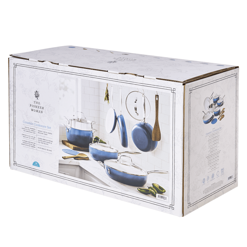 PioneerHome™ Harlow 15-Piece Cookware Set, Ceramic Non-Stick Pots and Pans Set, Denim Blue - PioneerHome™
