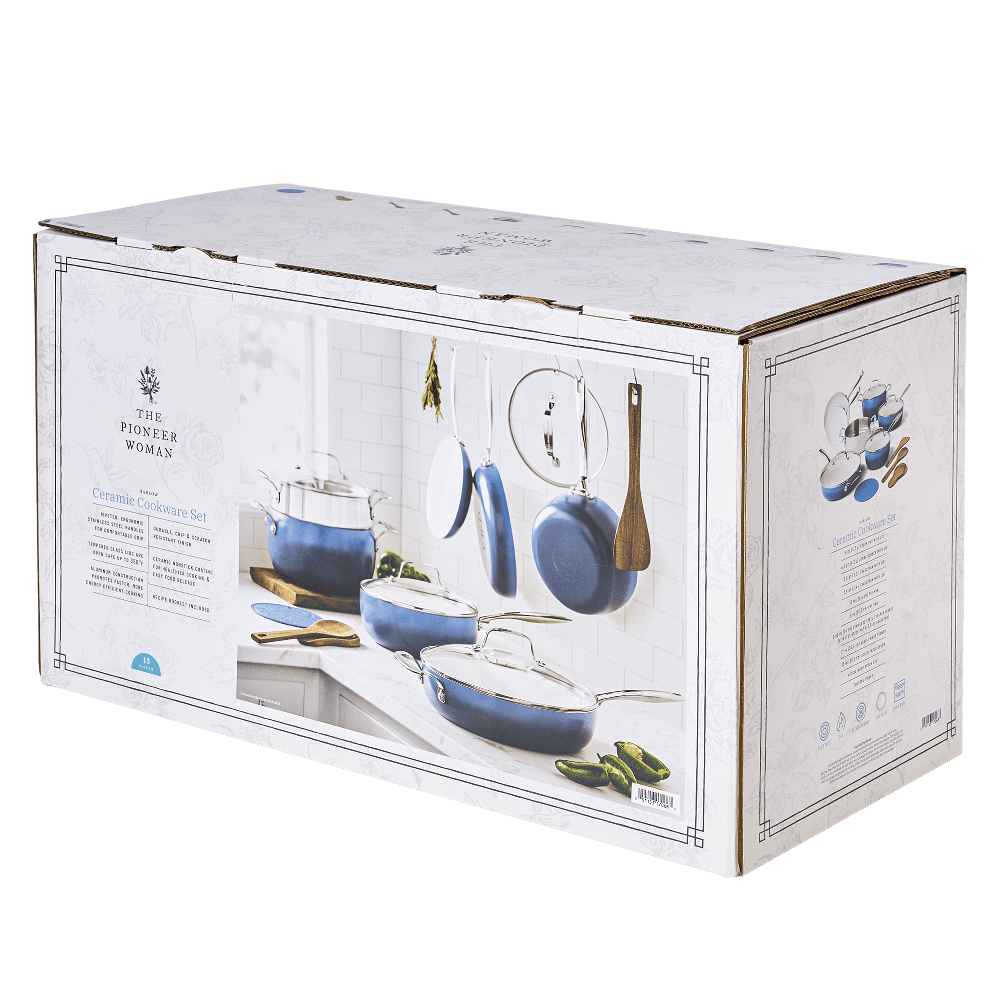 PioneerHome™ Harlow 15-Piece Cookware Set, Ceramic Non-Stick Pots and Pans Set, Denim Blue - PioneerHome™