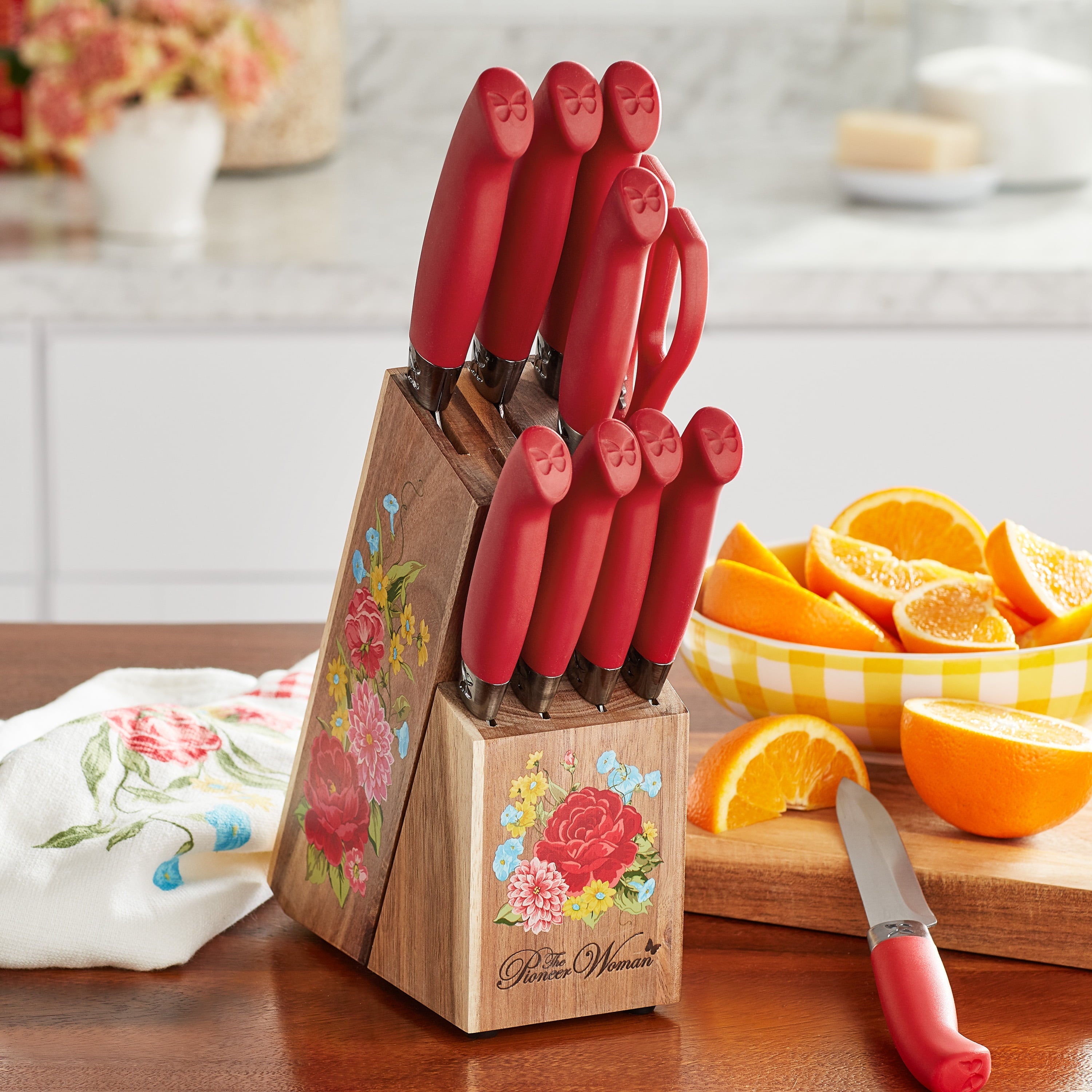 PioneerHome™ Sweet Rose 11-Piece Stainless Steel Knife Block Set, Red - PioneerHome™