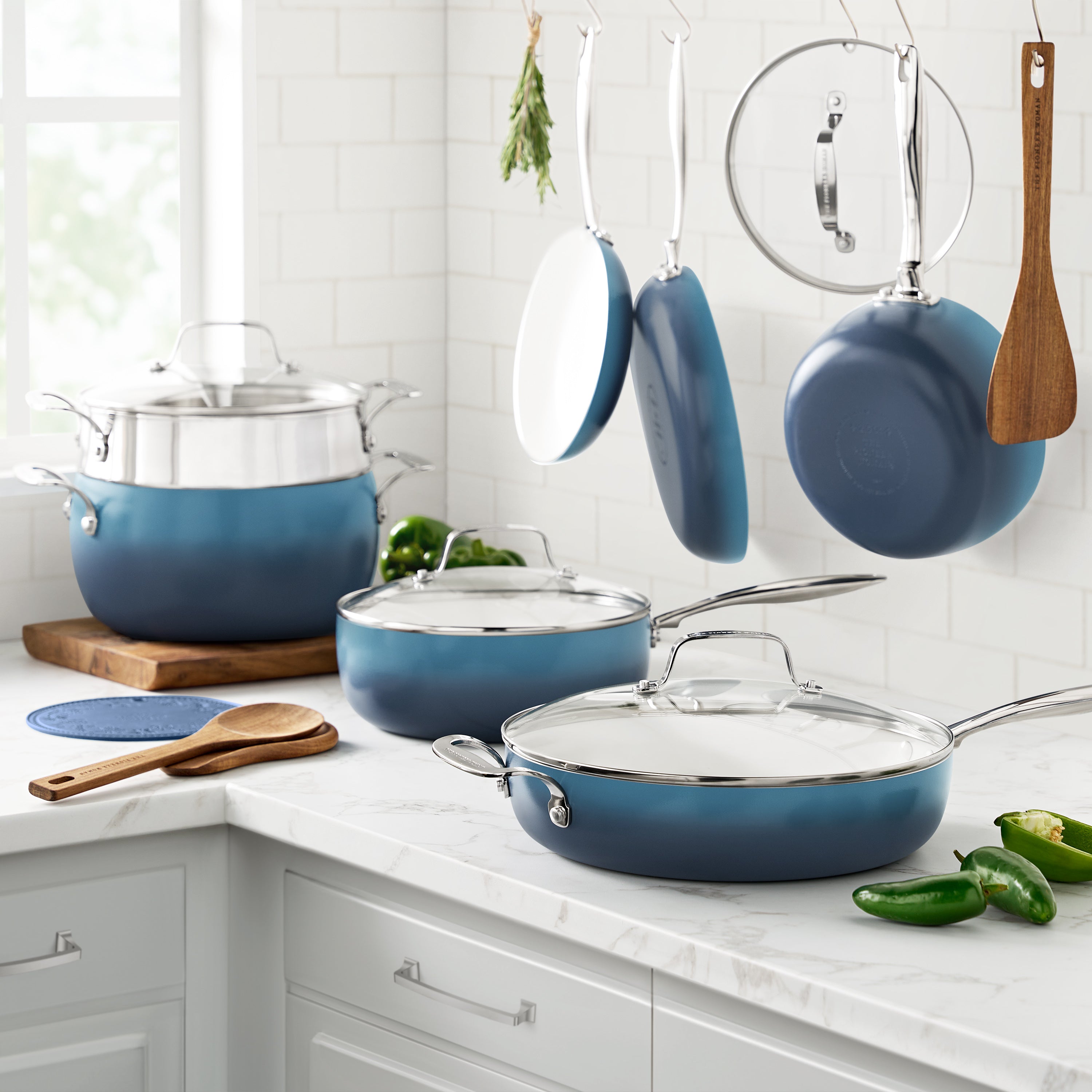 PioneerHome™ Harlow 15-Piece Cookware Set, Ceramic Non-Stick Pots and Pans Set, Denim Blue - PioneerHome™