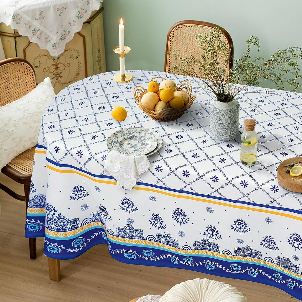 PioneerHome™ Polish Pottery Style Tablecloth, Blue Ceramic Table Cloth, Farmhouse Tablecover for Oval Tables 60 x 84, - PioneerHome™