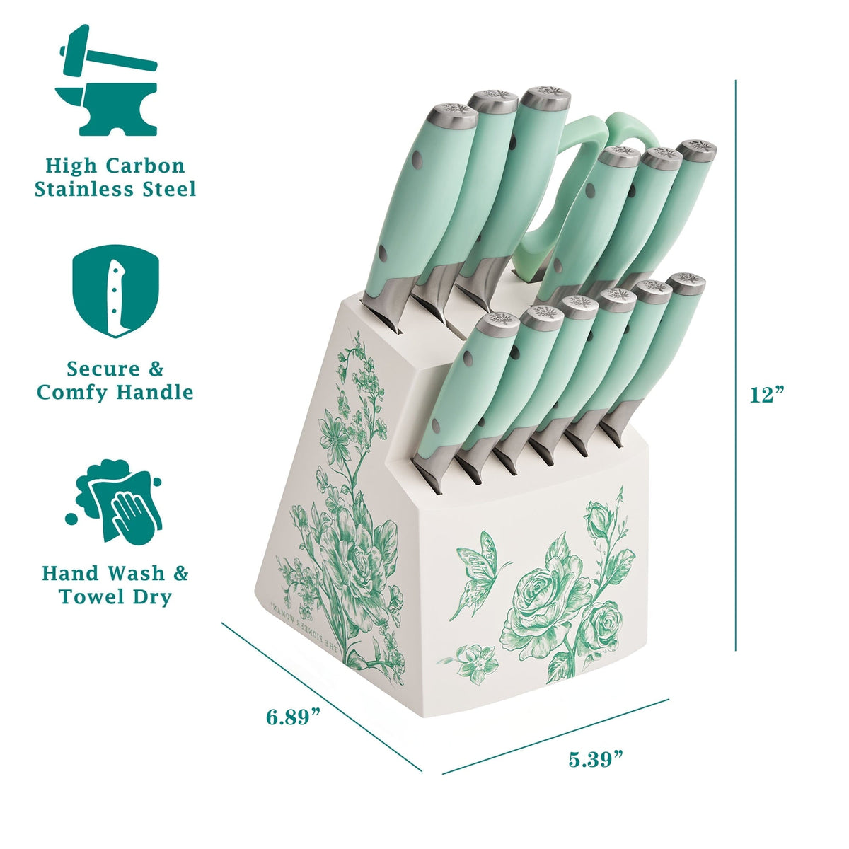 PioneerHome™ 14 Pieces Knife Set with Decal Block Stainless Steel Knives, Forged, Green Agatha - PioneerHome™