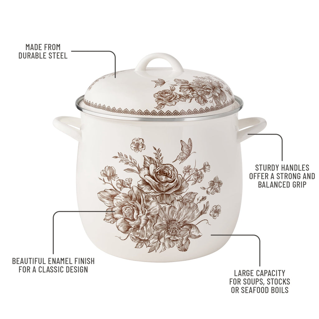 PioneerHome™ Agatha 12 Qt Enamel on Steel Stock Pot with Lid, Brown - Farmhouse - PioneerHome™
