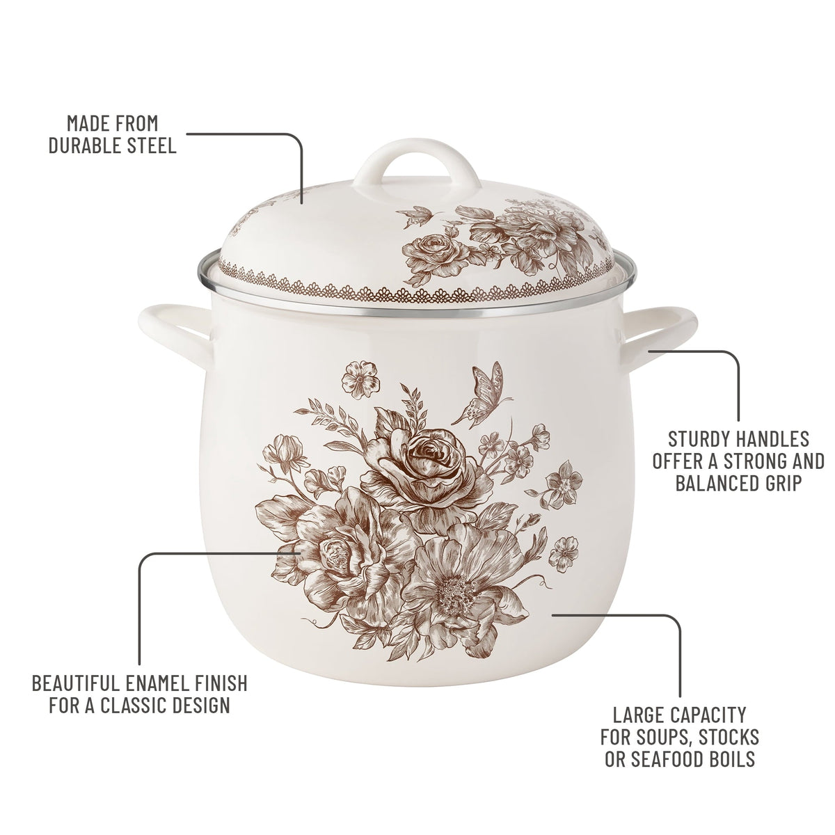 PioneerHome™ Agatha 12 Qt Enamel on Steel Stock Pot with Lid, Brown - Farmhouse - PioneerHome™
