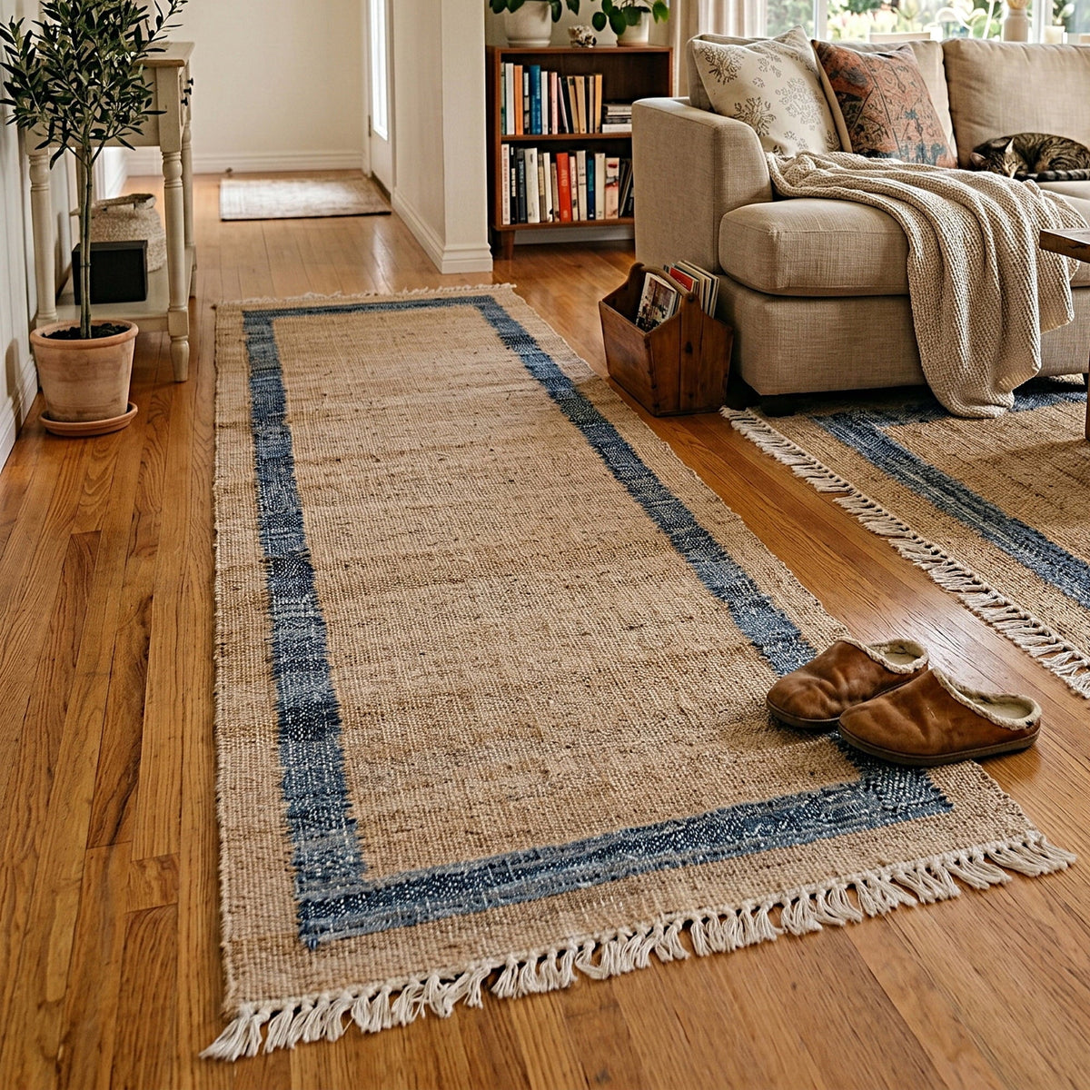 PioneerHome™ Denim Jute Runner Rug, Natural with Blue Border, 30 x 96 Inches - PioneerHome™