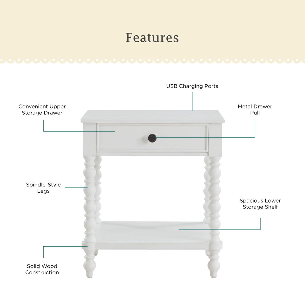 PioneerHome™ Harper Spindle Nightstand with USB Charging Ports, Adults and Teens, White Finish - PioneerHome™