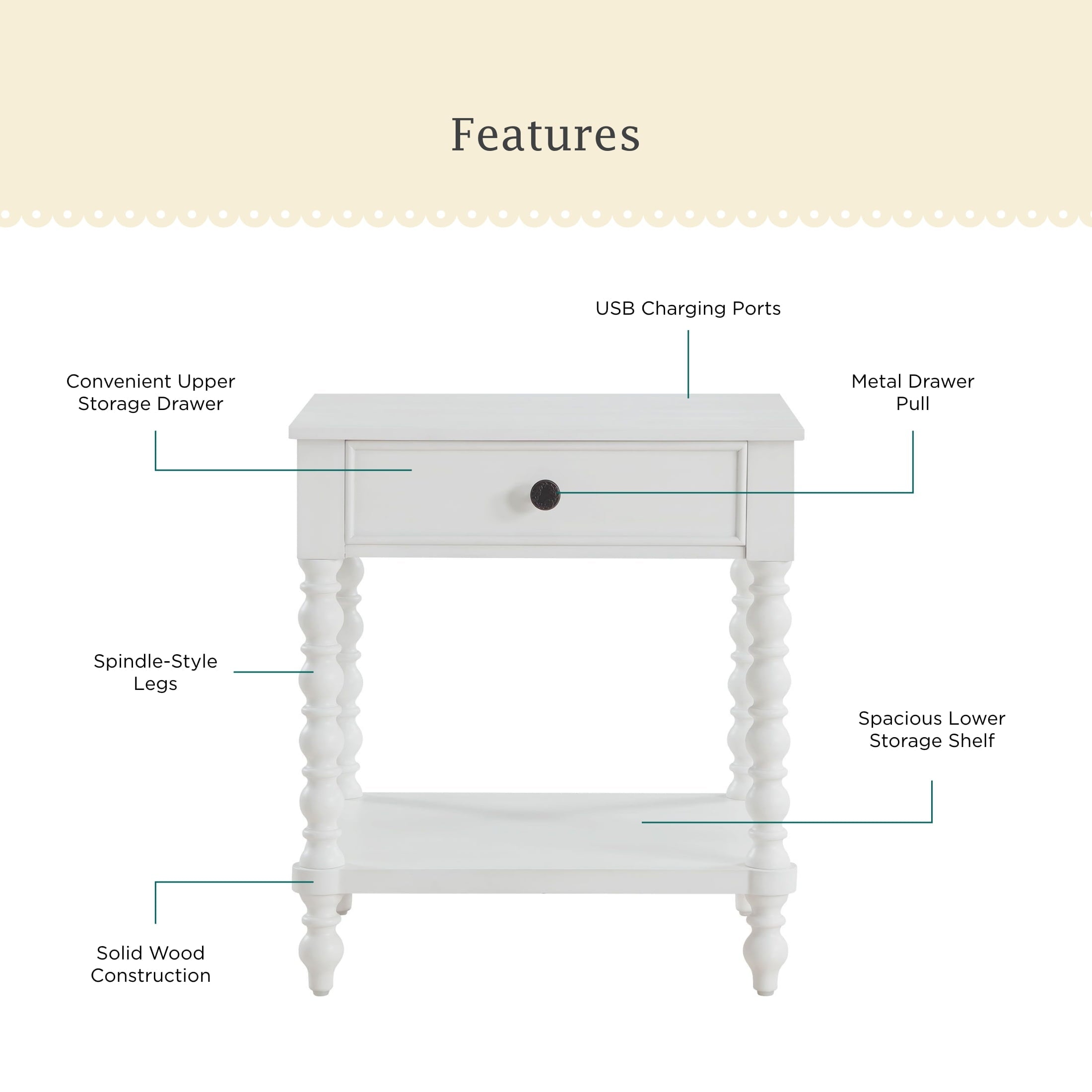PioneerHome™ Harper Spindle Nightstand with USB Charging Ports, Adults and Teens, White Finish - PioneerHome™