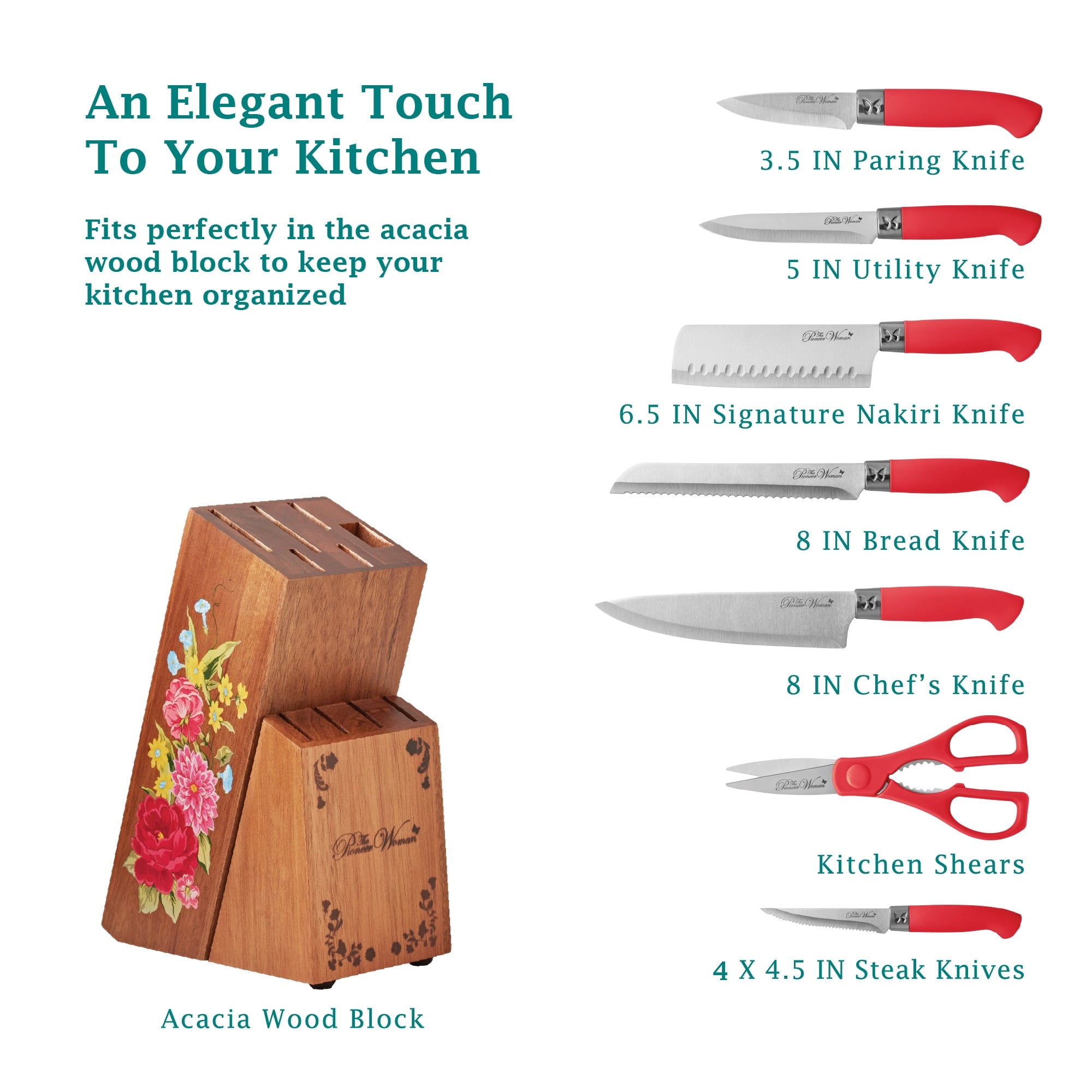 PioneerHome™ Sweet Rose 11-Piece Stainless Steel Knife Block Set, Red - PioneerHome™