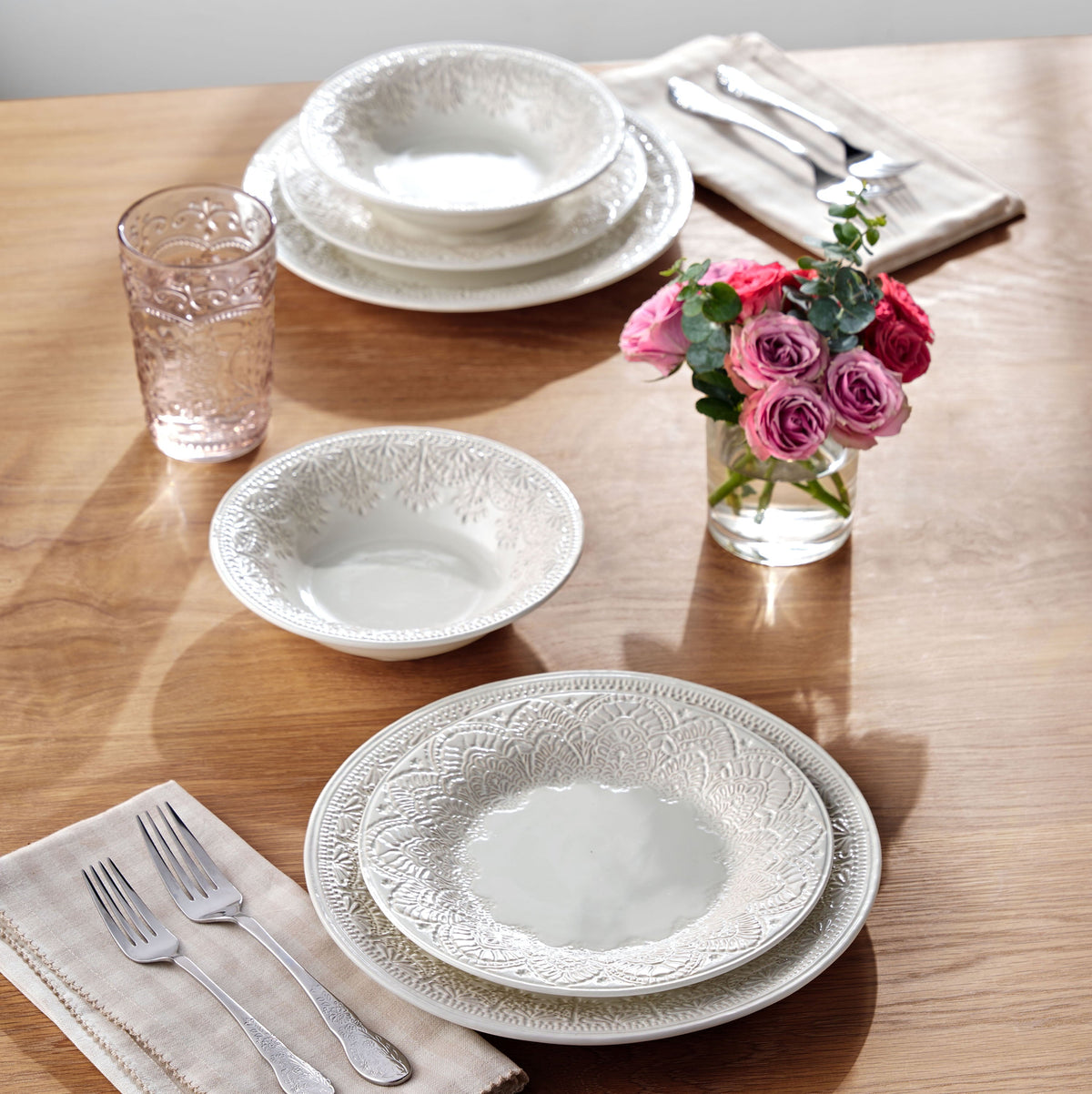PioneerHome™ Vintage Lace 12-Piece Ceramic Dinnerware Set, Linen - PioneerHome™