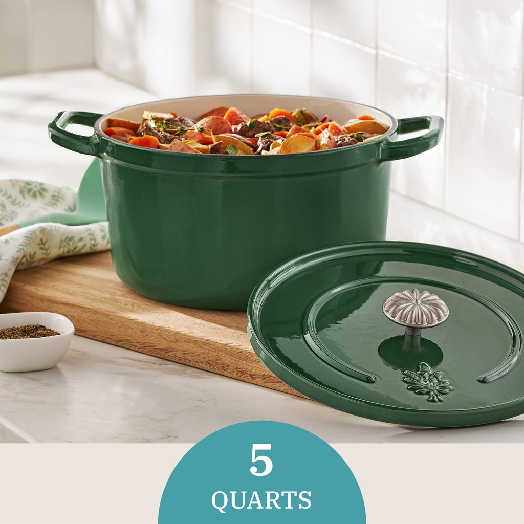 PioneerHome™ 5-Quart Enamel Cast Iron Dutch Oven with Lid, Dark Green - Rustic Home - PioneerHome™