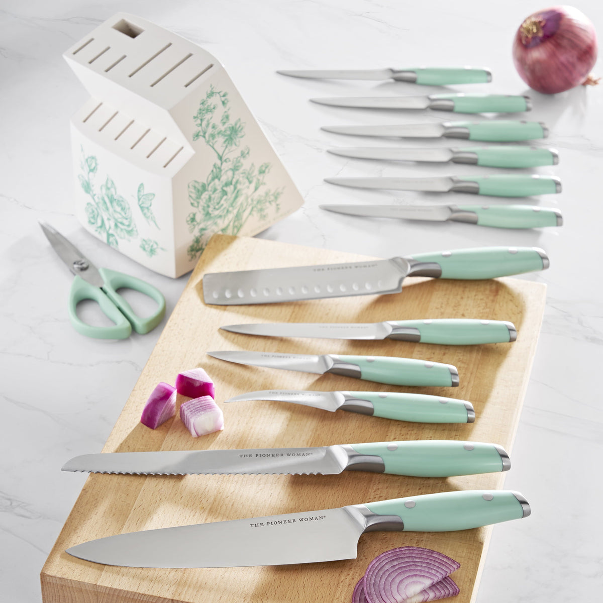 PioneerHome™ 14 Pieces Knife Set with Decal Block Stainless Steel Knives, Forged, Green Agatha - PioneerHome™