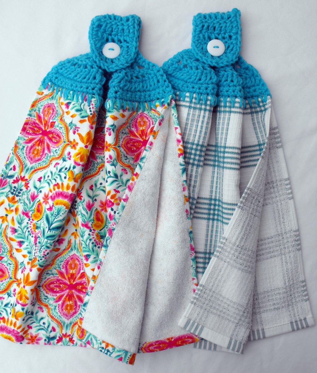 PioneerHome™ PIONEER FOLK GEO - 2 DOUBLE/FULL HANDMADE CROCHET TOP HANGING KITCHEN TOWEL - TURQUOISE TOPPER - PioneerHome™
