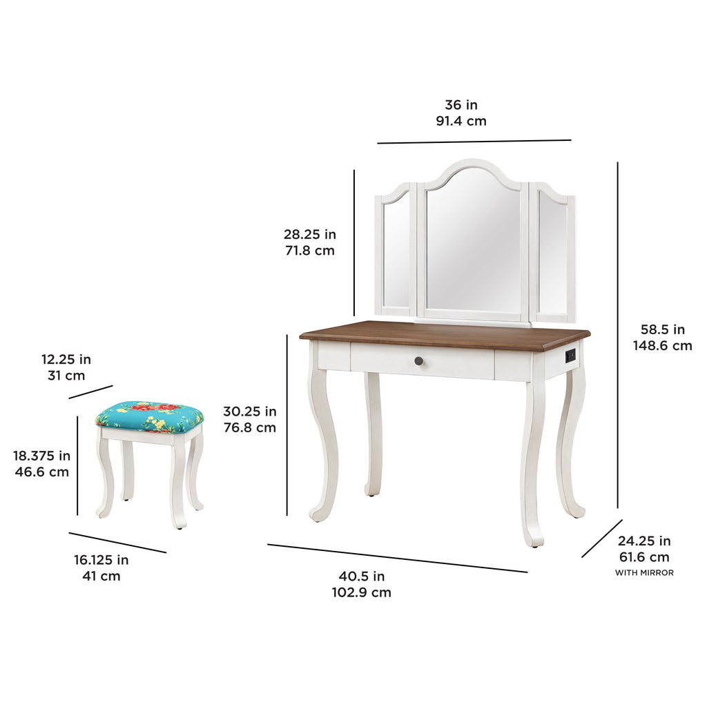 PioneerHome™ Vanity Set and Stool with Tri-Fold Mirror and Made With Solid Wood Frame, - PioneerHome™