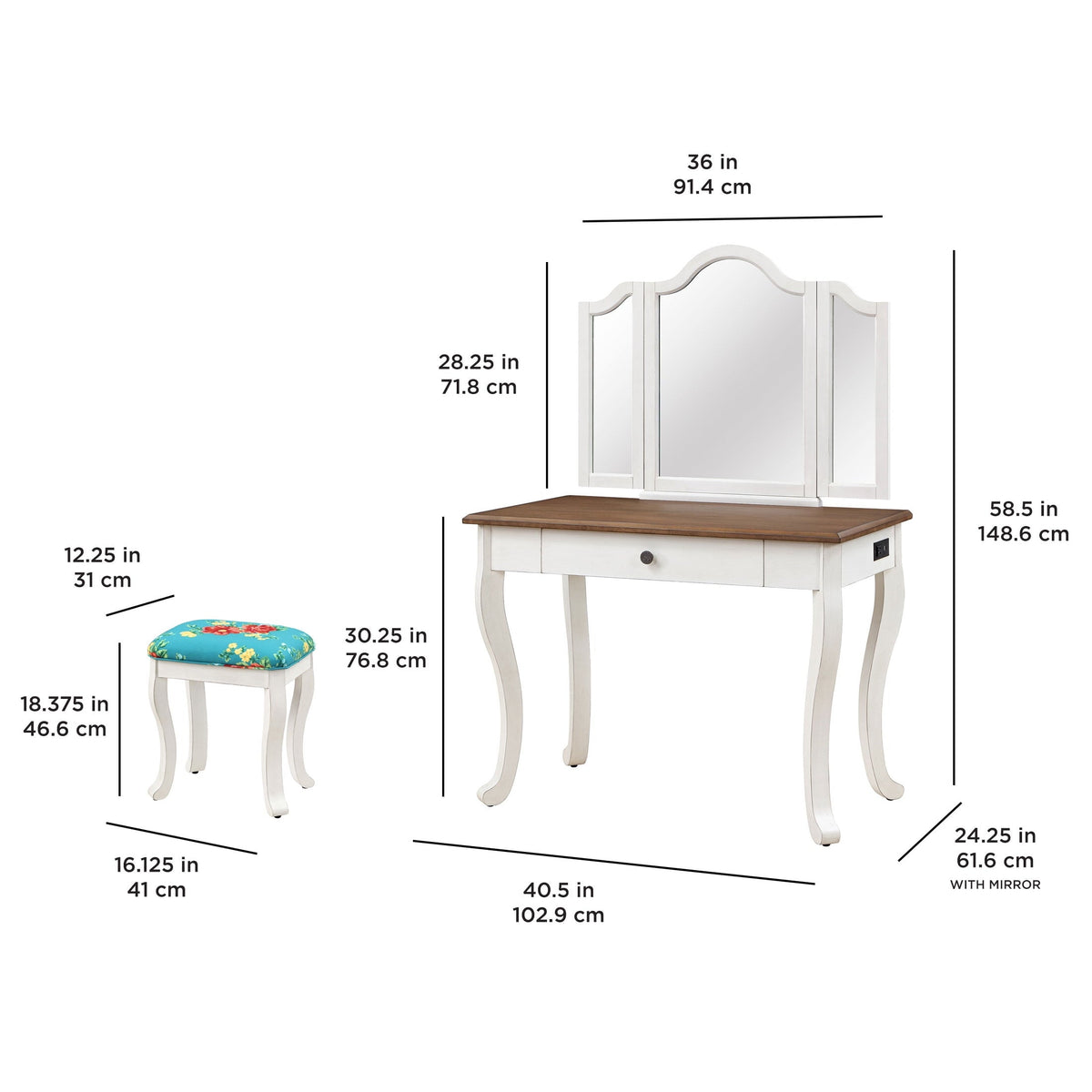 PioneerHome™ Vanity Set and Stool with Tri-Fold Mirror and Made With Solid Wood Frame, - PioneerHome™