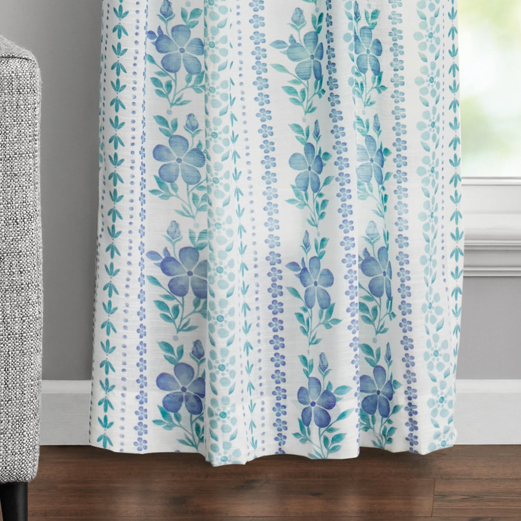 PioneerHome™ Hattie Stripe 2 Pack Curtain Panel, BCI Cotton, Floral, Blue, RodPocket, 40" W - PioneerHome™