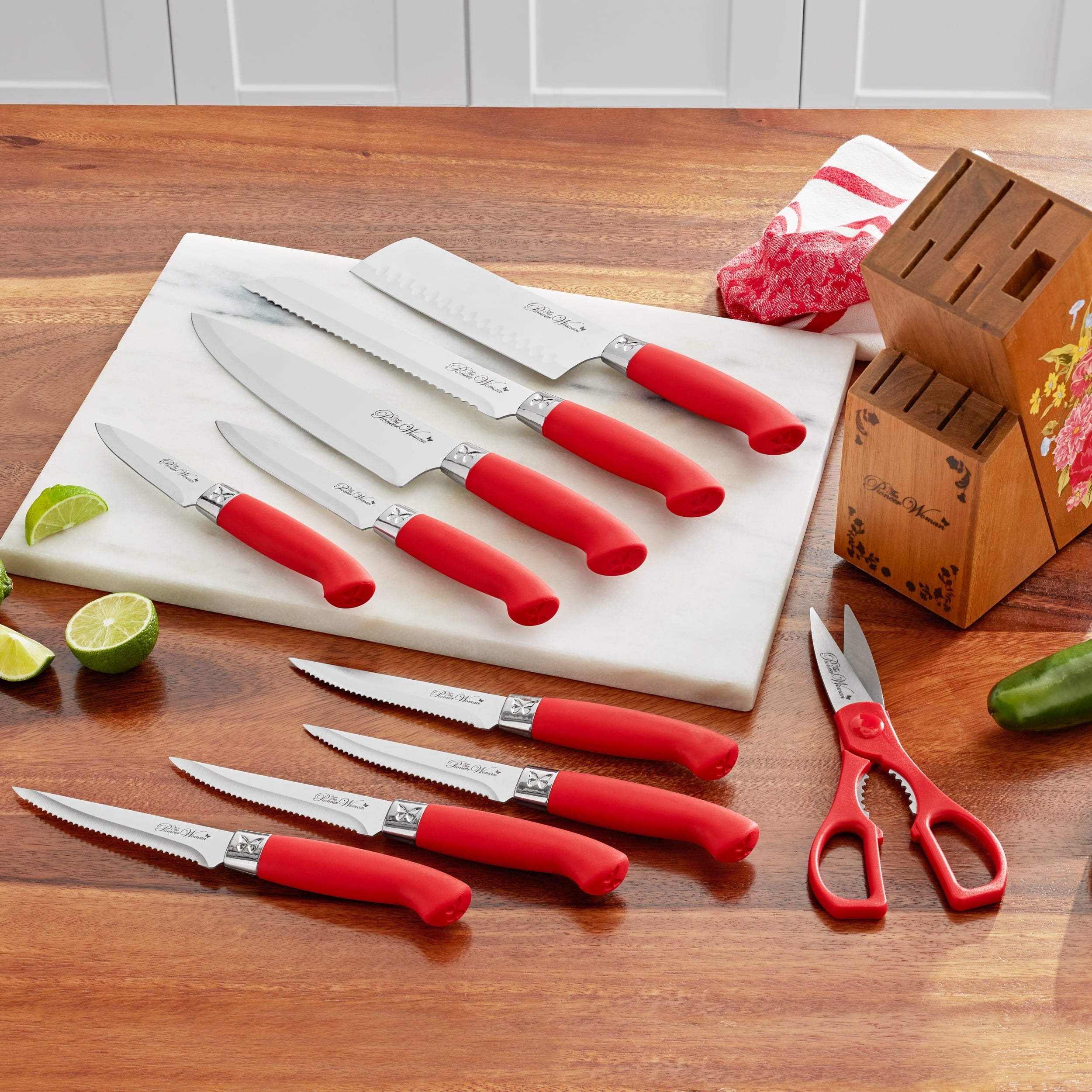 PioneerHome™ Sweet Rose 11-Piece Stainless Steel Knife Block Set, Red - PioneerHome™