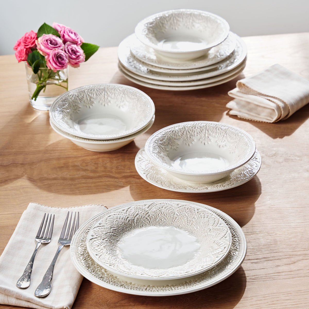 PioneerHome™ Vintage Lace 12-Piece Ceramic Dinnerware Set, Linen - PioneerHome™