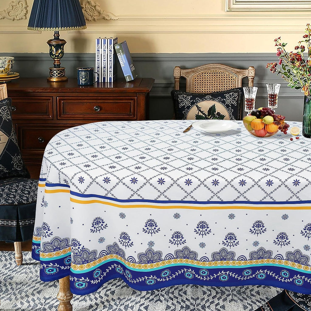PioneerHome™ Polish Pottery Style Tablecloth, Blue Ceramic Table Cloth, Farmhouse Tablecover for Oval Tables 60 x 84, - PioneerHome™