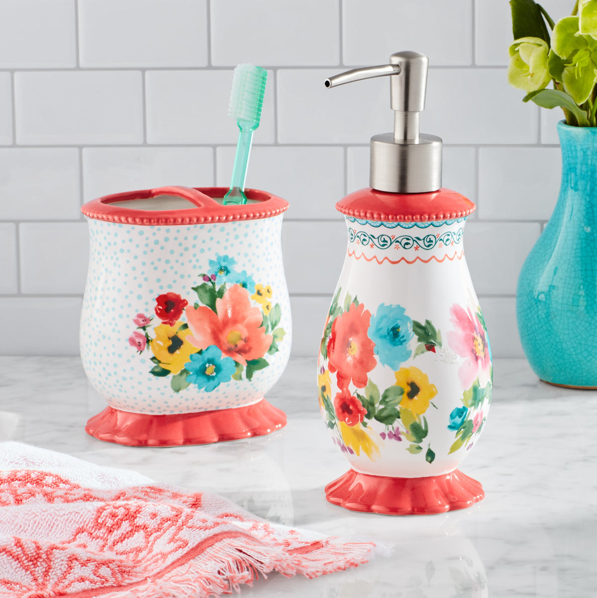 PioneerHome™ Multi- Color 2 Piece Ceramic Bath Accessories Set, Breezy Blossom - PioneerHome™