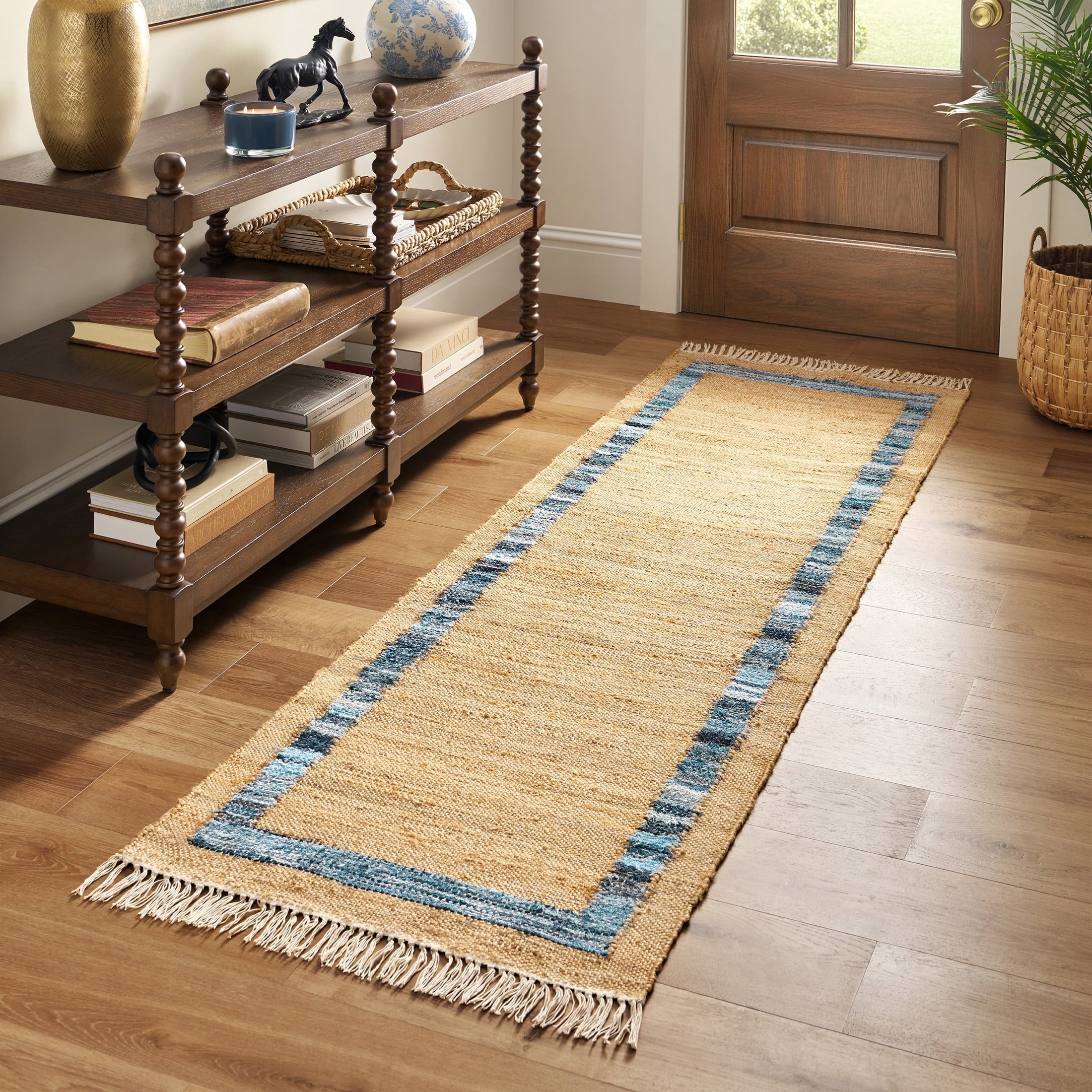 PioneerHome™ Denim Jute Runner Rug, Natural with Blue Border, 30 x 96 Inches - PioneerHome™