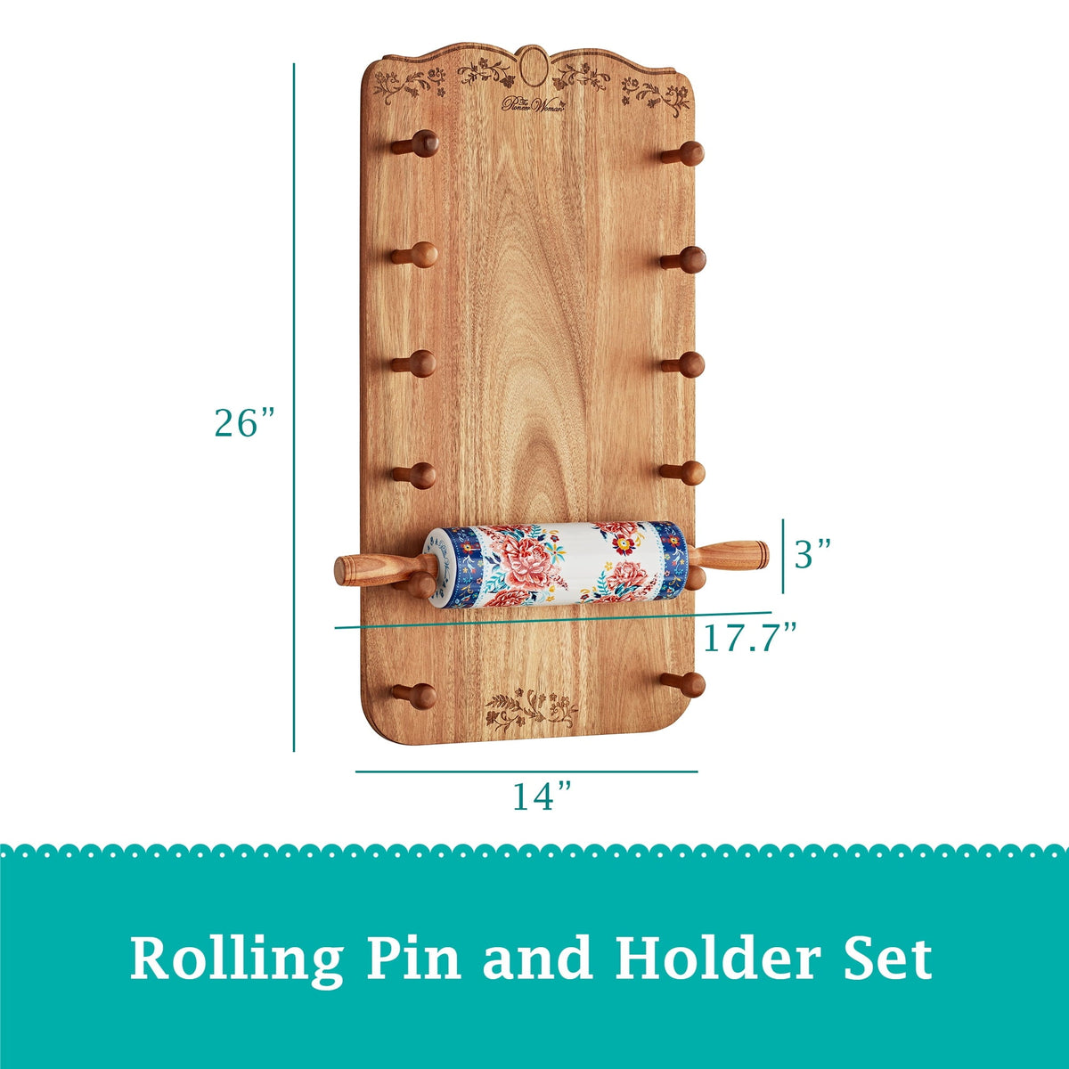 PioneerHome™ Keepsake Floral 17.7" Ceramic Rolling Pin with Acacia Wood Holder - PioneerHome™
