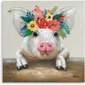 PioneerHome™ Pig Canvas Picture Wall Art: Rustic Pig Floral Crown Wall Decor Farm Animal Wall Art - PioneerHome™