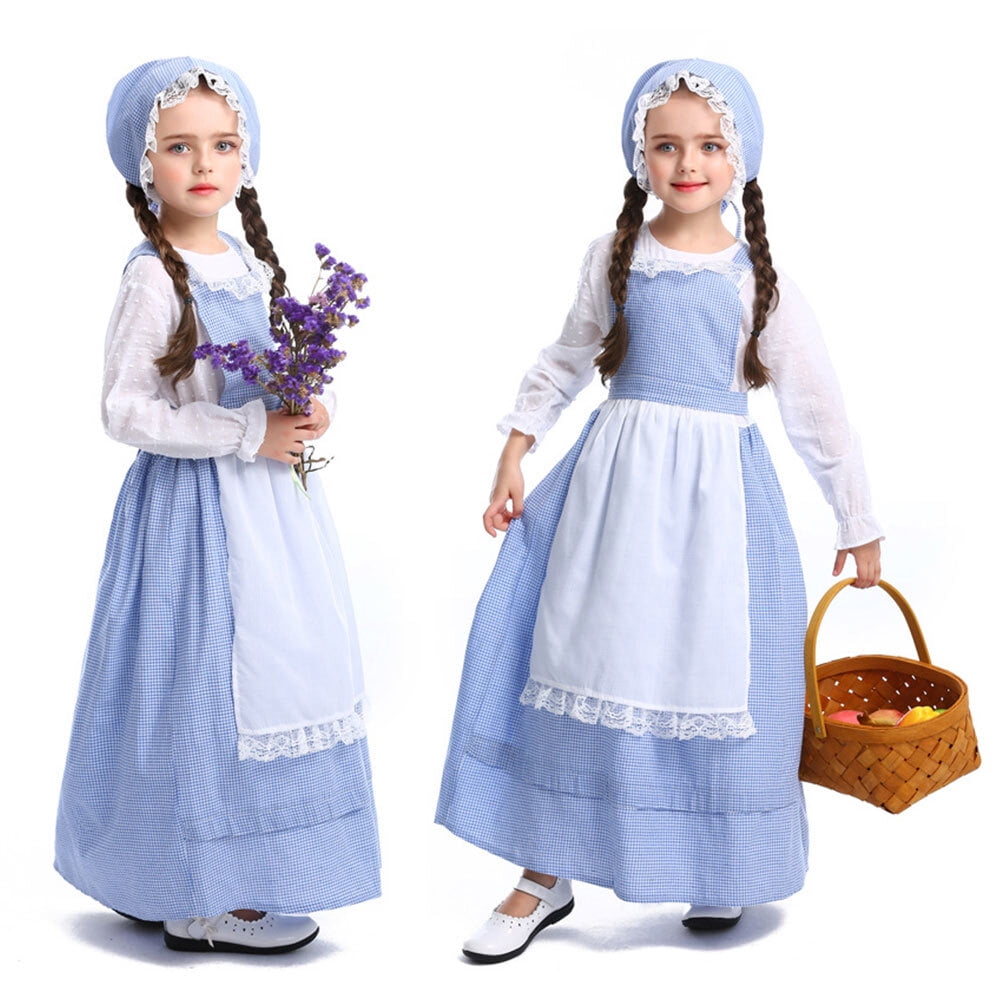 PioneerHome™ Girls Pioneer Costume Long Sleeve Dress with Apron colonial bonnet for 3-12Y - PioneerHome™
