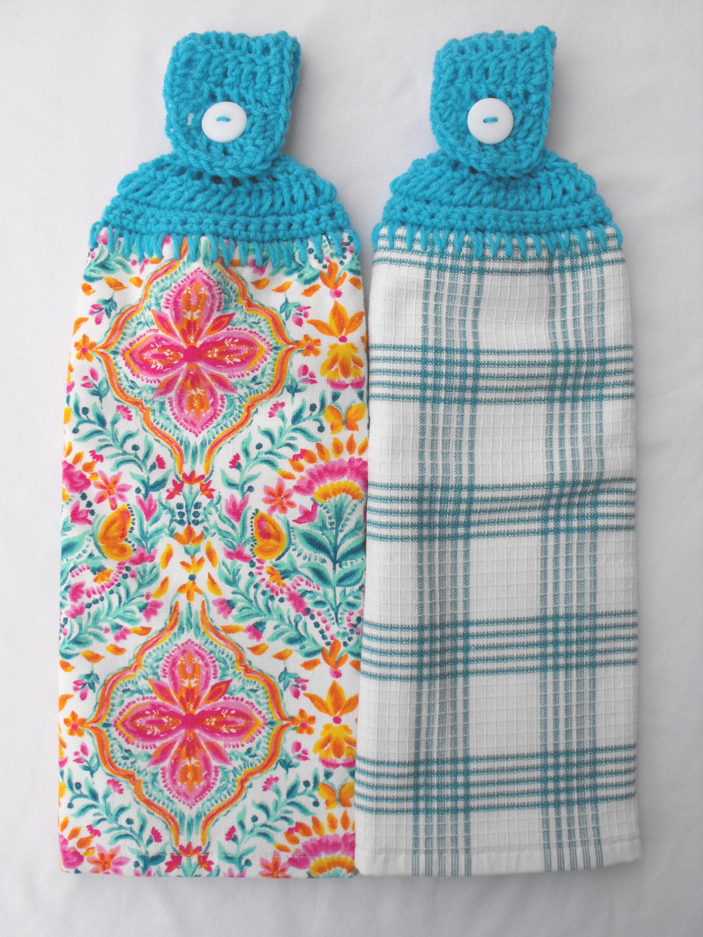PioneerHome™ PIONEER FOLK GEO - 2 DOUBLE/FULL HANDMADE CROCHET TOP HANGING KITCHEN TOWEL - TURQUOISE TOPPER - PioneerHome™