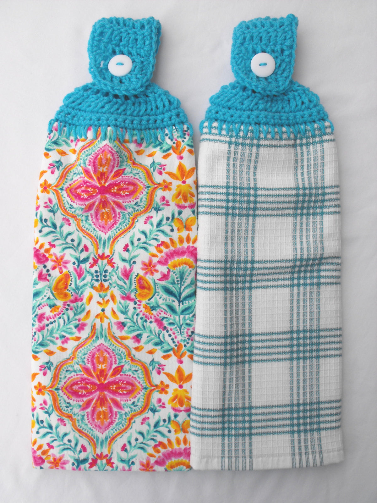 PioneerHome™ PIONEER FOLK GEO - 2 DOUBLE/FULL HANDMADE CROCHET TOP HANGING KITCHEN TOWEL - TURQUOISE TOPPER - PioneerHome™
