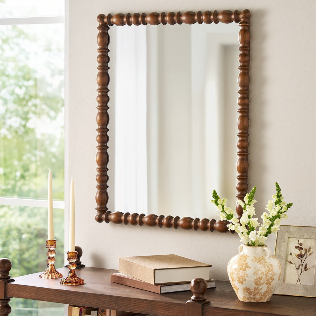 PioneerHome™ Harper Spindle Wood Decorative Wall Mirror, Beaded Turned Wood Mirror, Rustic Brown 24x30 - PioneerHome™