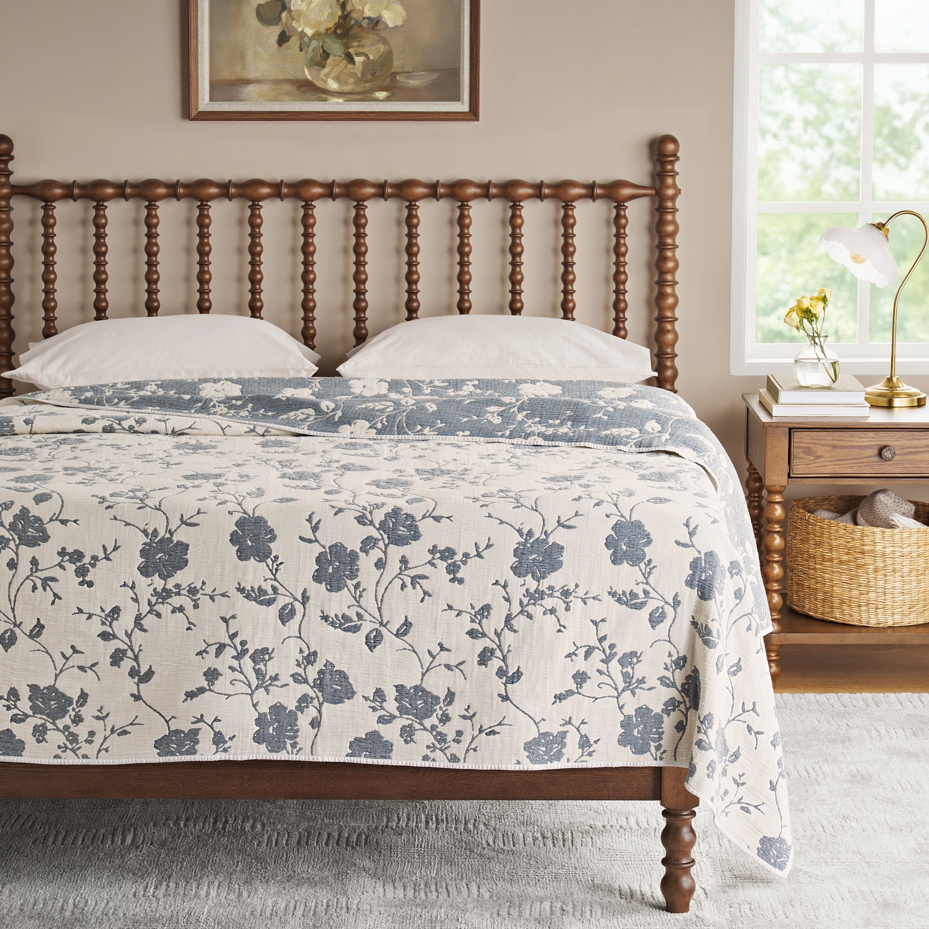 PioneerHome™ Agatha Floral Gauze Quilt, Full/Queen, Blue Dust, Reversible Bedding - PioneerHome™