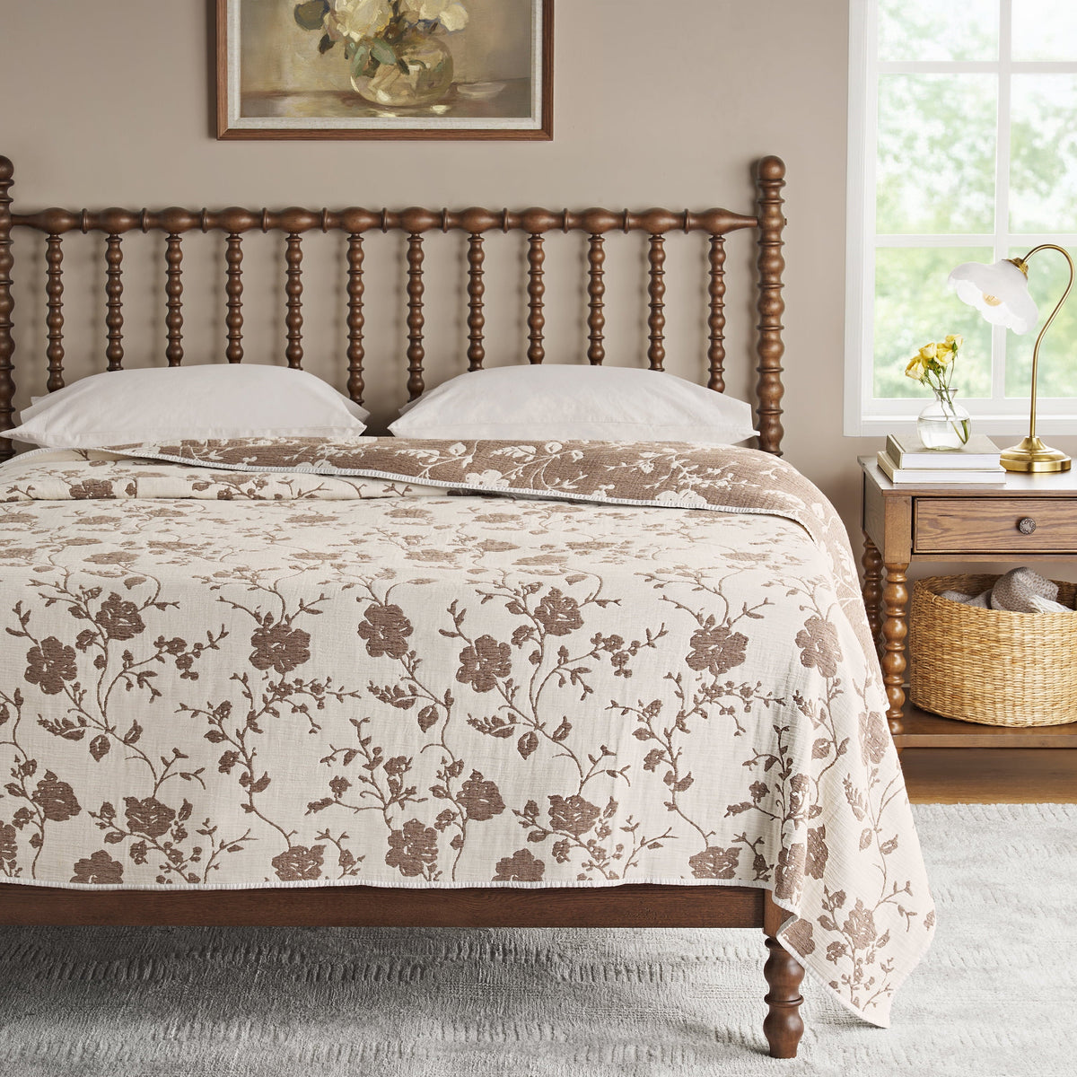 PioneerHome™ Agatha Floral Gauze Quilt, Full/Queen, Blue Dust, Reversible Bedding - PioneerHome™