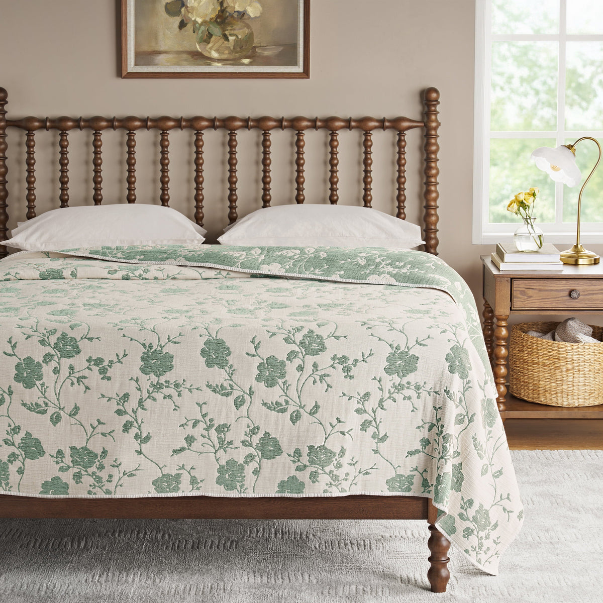 PioneerHome™ Agatha Floral Gauze Quilt, Full/Queen, Blue Dust, Reversible Bedding - PioneerHome™