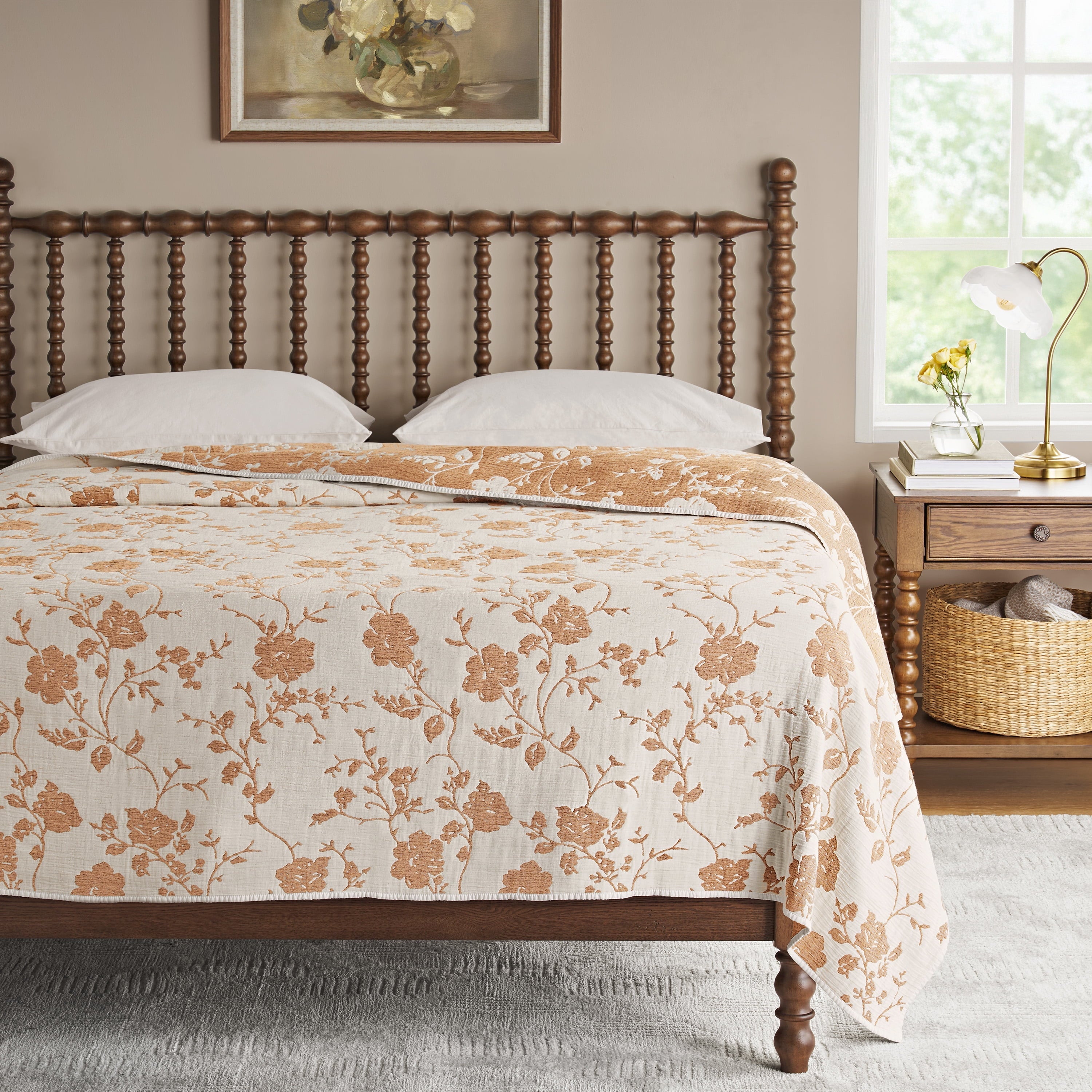 PioneerHome™ Agatha Floral Gauze Quilt, Full/Queen, Blue Dust, Reversible Bedding - PioneerHome™