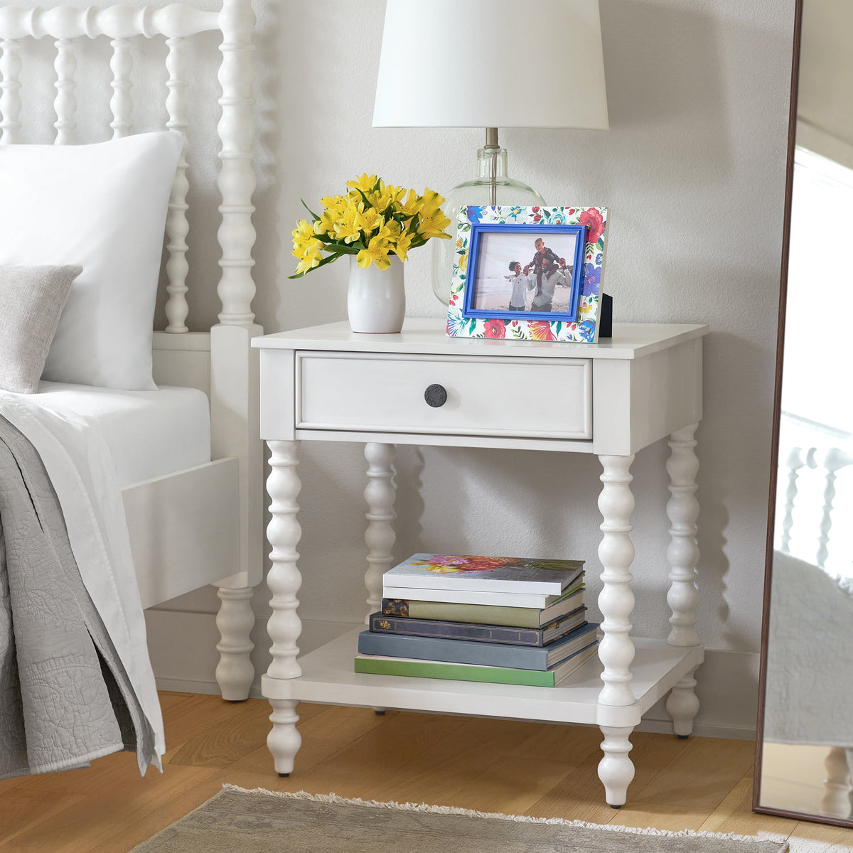 PioneerHome™ Harper Spindle Nightstand with USB Charging Ports, Adults and Teens, White Finish - PioneerHome™
