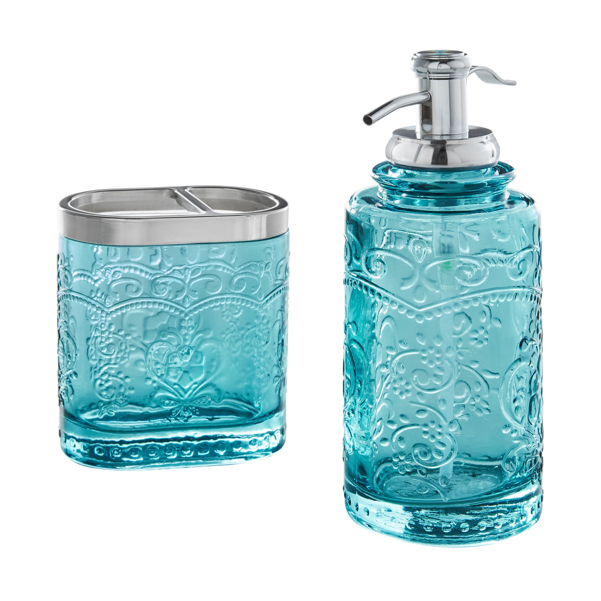 PioneerHome™ Teal 2 Piece Embossed Glass Bath Accessory Set, Amelia - PioneerHome™