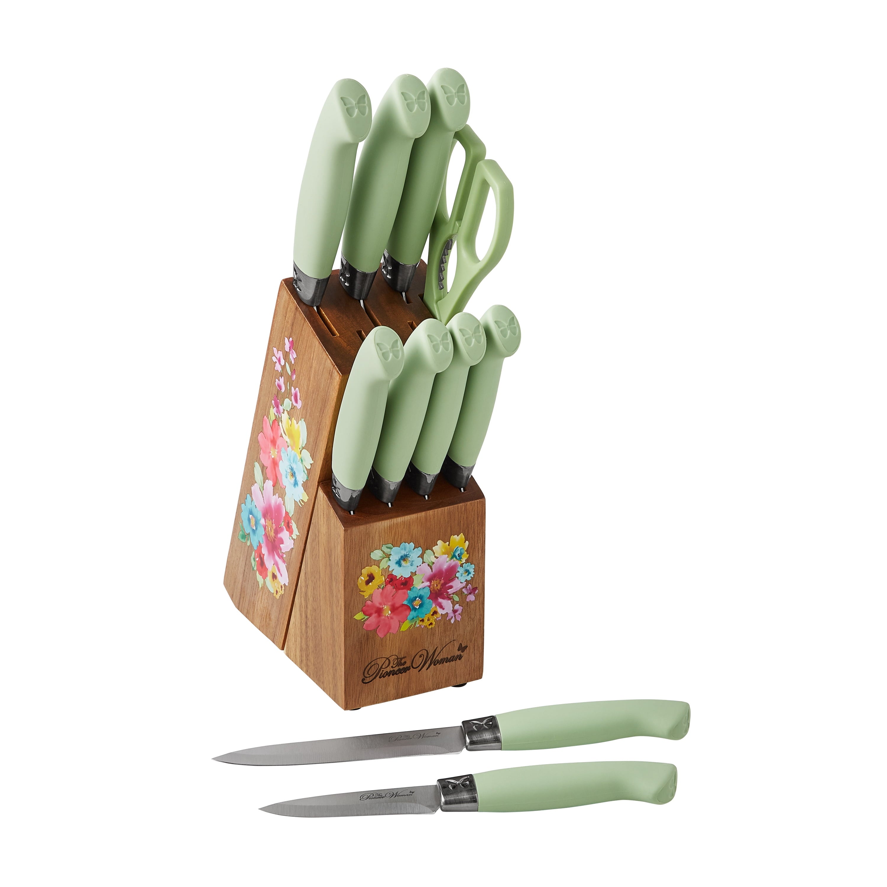 PioneerHome™ Sweet Rose 11-Piece Stainless Steel Knife Block Set, Red - PioneerHome™