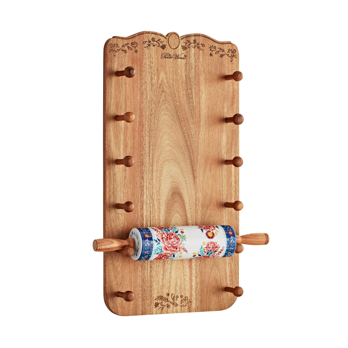 PioneerHome™ Keepsake Floral 17.7" Ceramic Rolling Pin with Acacia Wood Holder - PioneerHome™