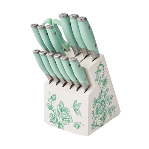PioneerHome™ 14 Pieces Knife Set with Decal Block Stainless Steel Knives, Forged, Green Agatha - PioneerHome™