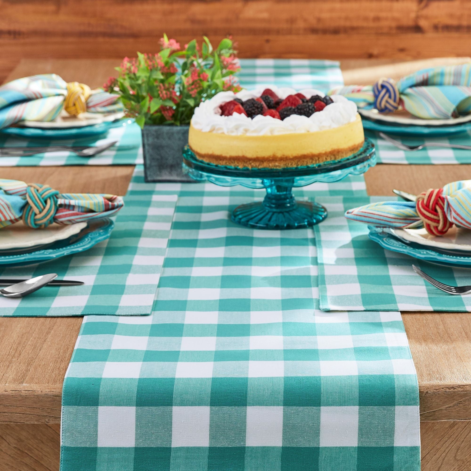 PioneerHome™ Charming Check Placemat, Table Runner, Napkin, and Napkin Ring Set, 13 Piece, Teal - PioneerHome™