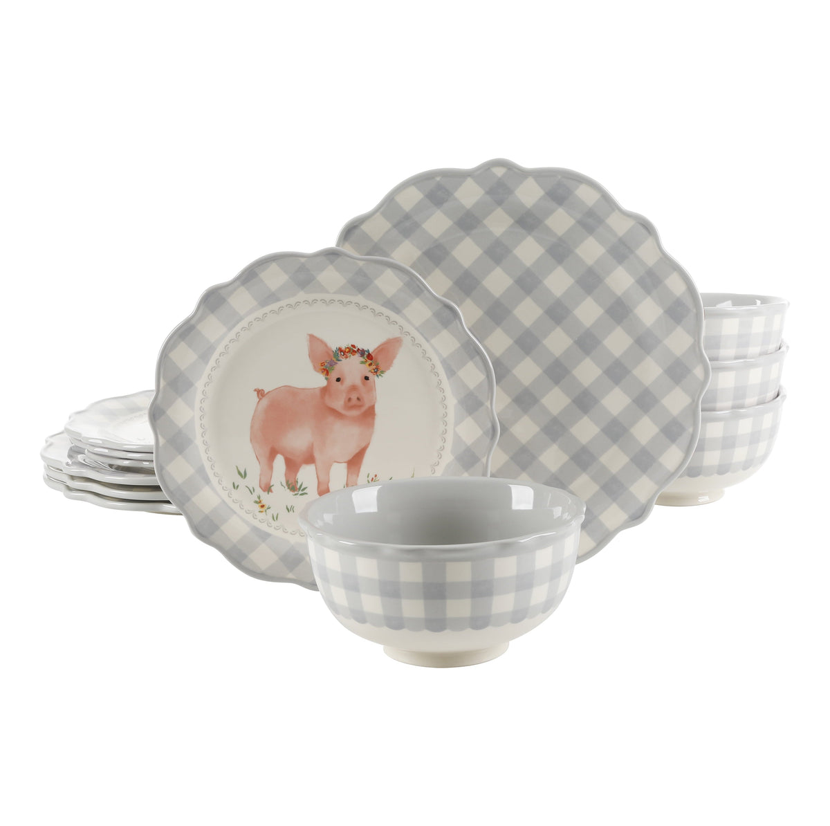 PioneerHome™ Gingham 12-Piece Ceramic Dinnerware Set, Gray - PioneerHome™